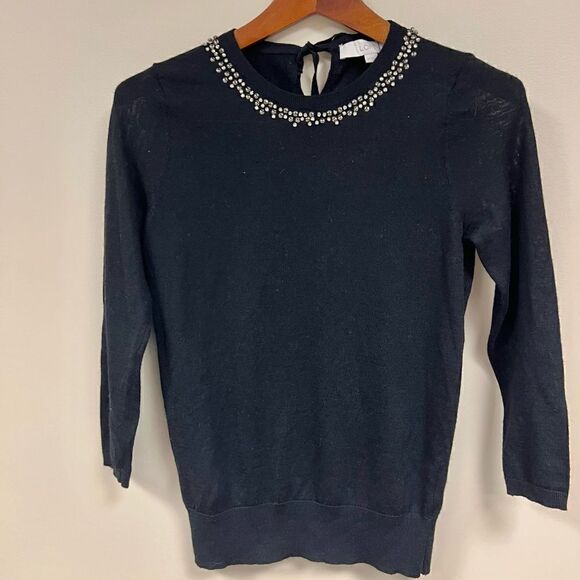 Loft black lightweight sweater with embellished neckline Sz XS - Picture 1 of 7